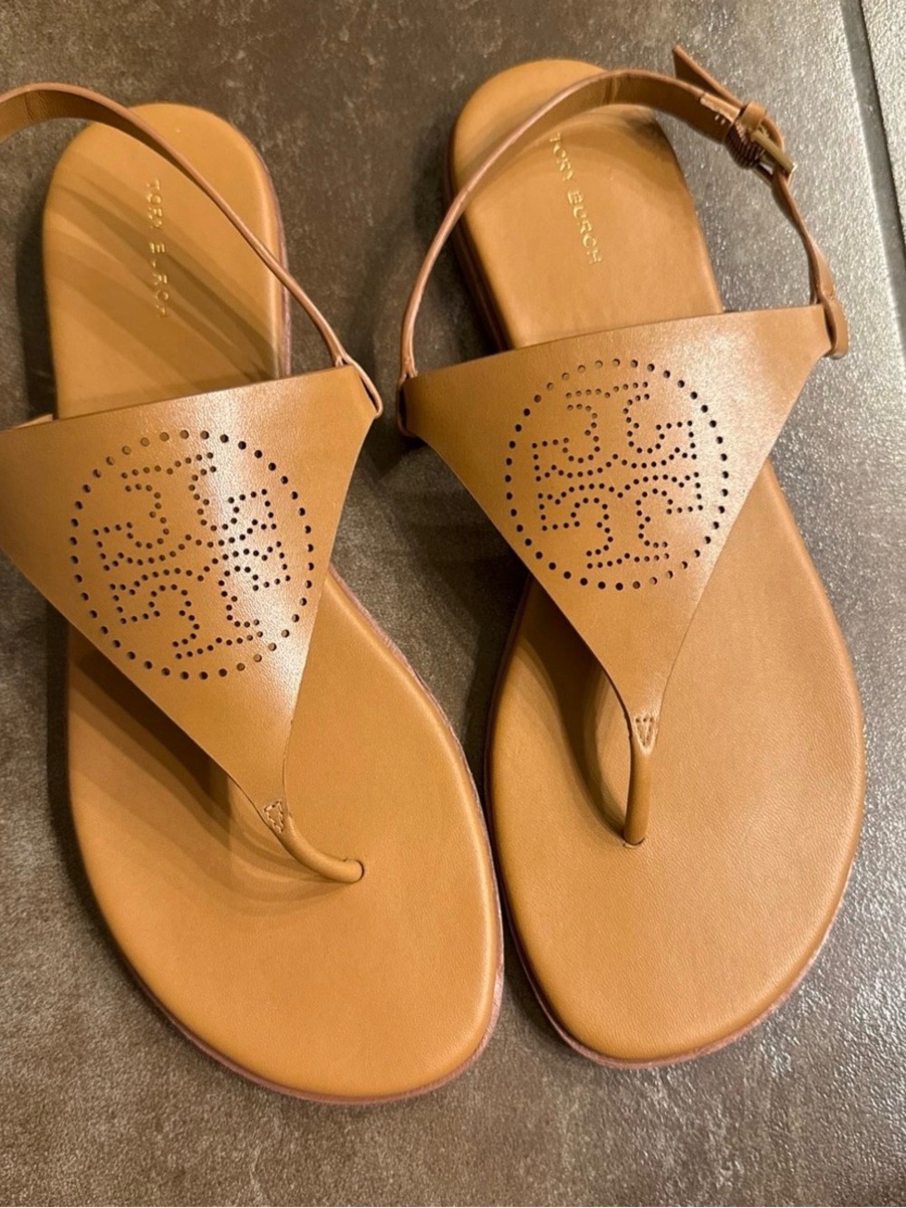 Tory Burch Tan Perforated Capri Leather Logo Toe-Post Sandals